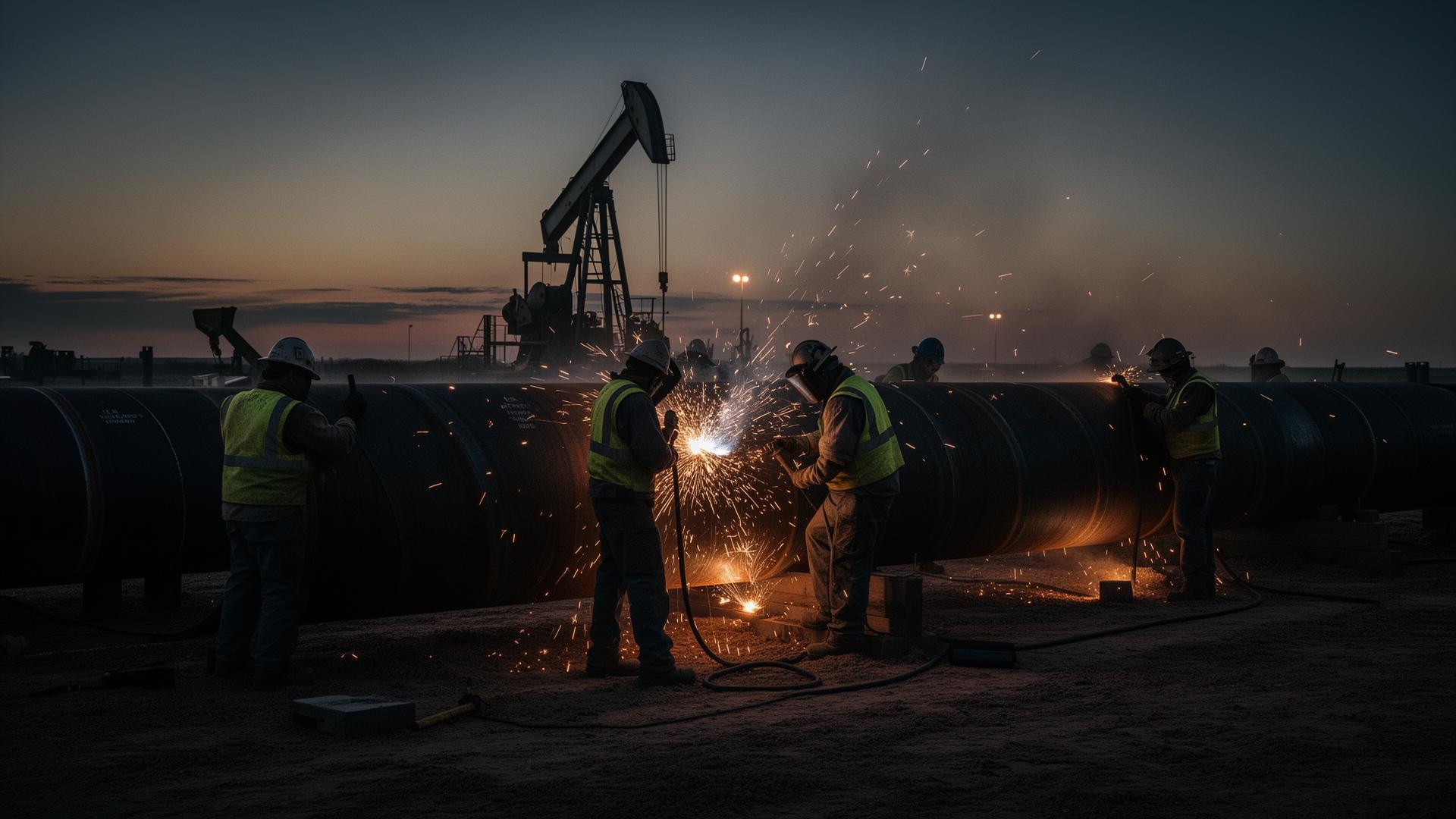 Encore crew welding pipeline in the Permian Basin at dusk