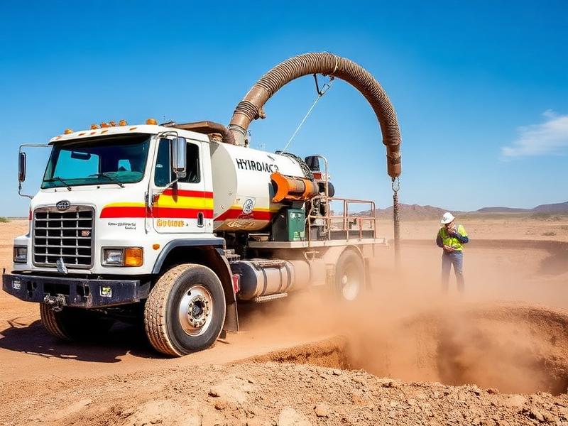 Hydrovac truck performing non-destructive excavation in the oilfield