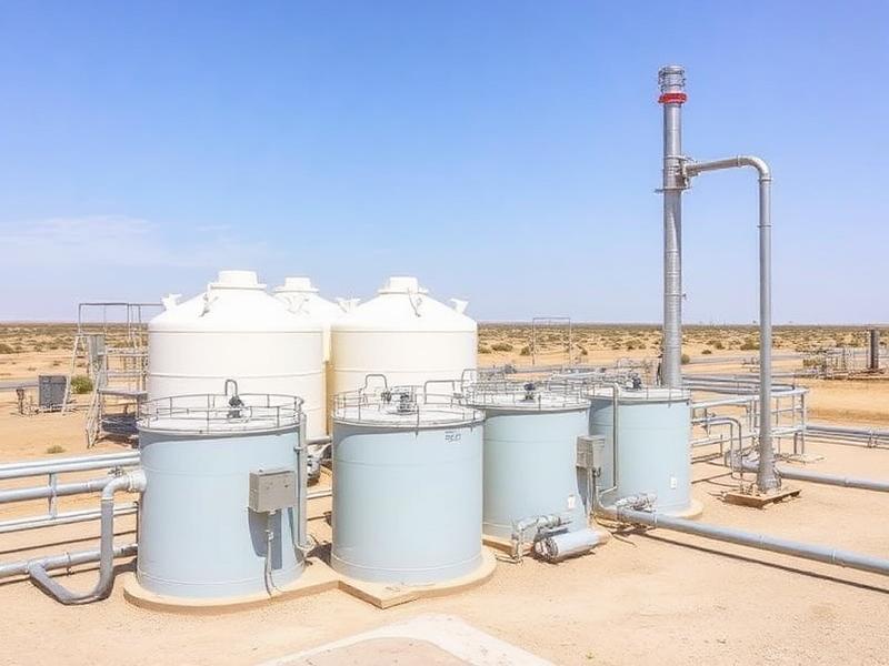 Saltwater disposal facility with tanks and piping in West Texas
